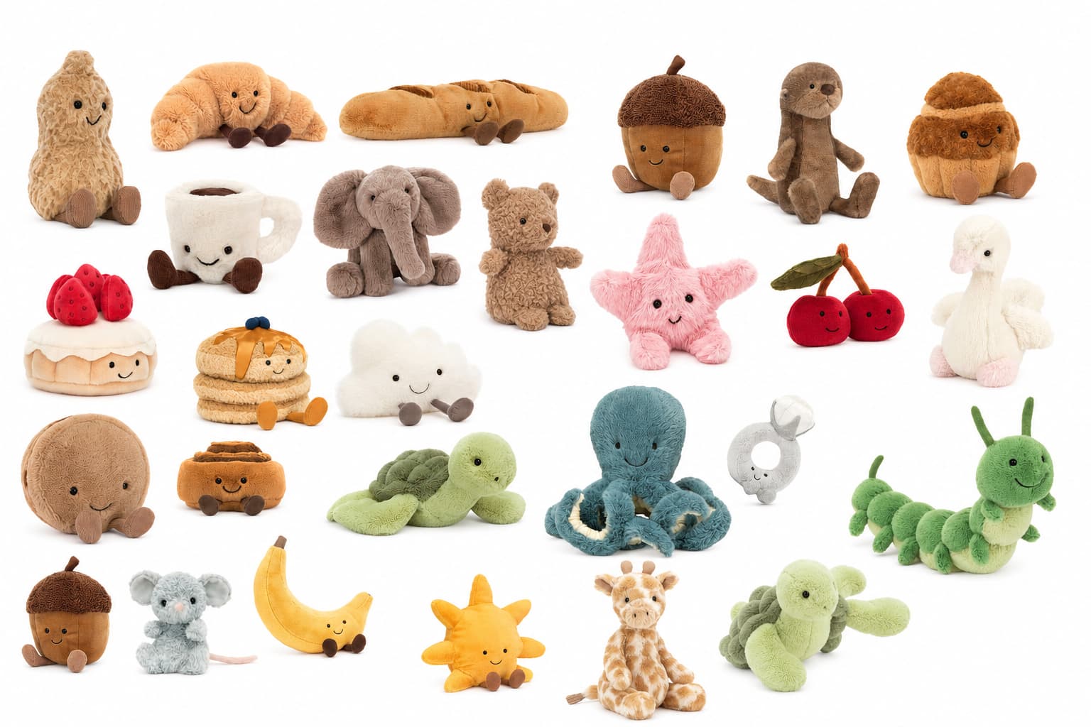 A shelf of Jellycat plushies
